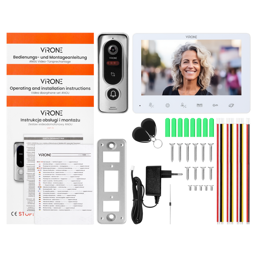 ANGU, zestaw wideodomofonowy jednorodzinny, 4-żyłowy, 7", przyciski dotykowe, RFID, biały