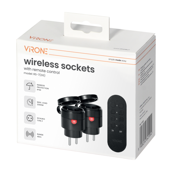 MINI wireless sockets with remote control, Schuko, 2+1, 2300W, IP44