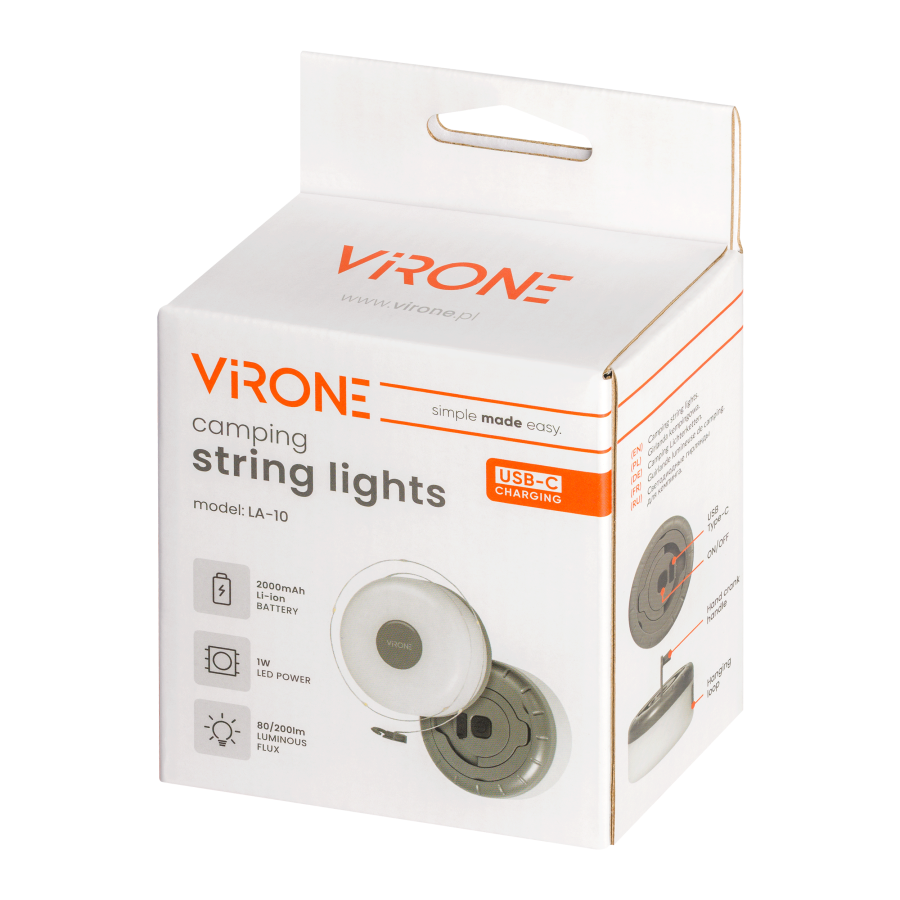 Camping string lights, 80/200lm, 2000mAh, 3000K, 8m