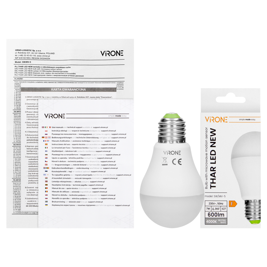 THAR LED NEW 7W A60, żarówka z mikrofalowym czujnikiem ruchu, 600lm, 4000K, E27