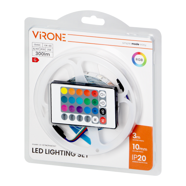 Set of LED strip 12V 30L/m 100lm/m 7.2W/m IP20 RGB 3m + RGB controller + 12V power supply