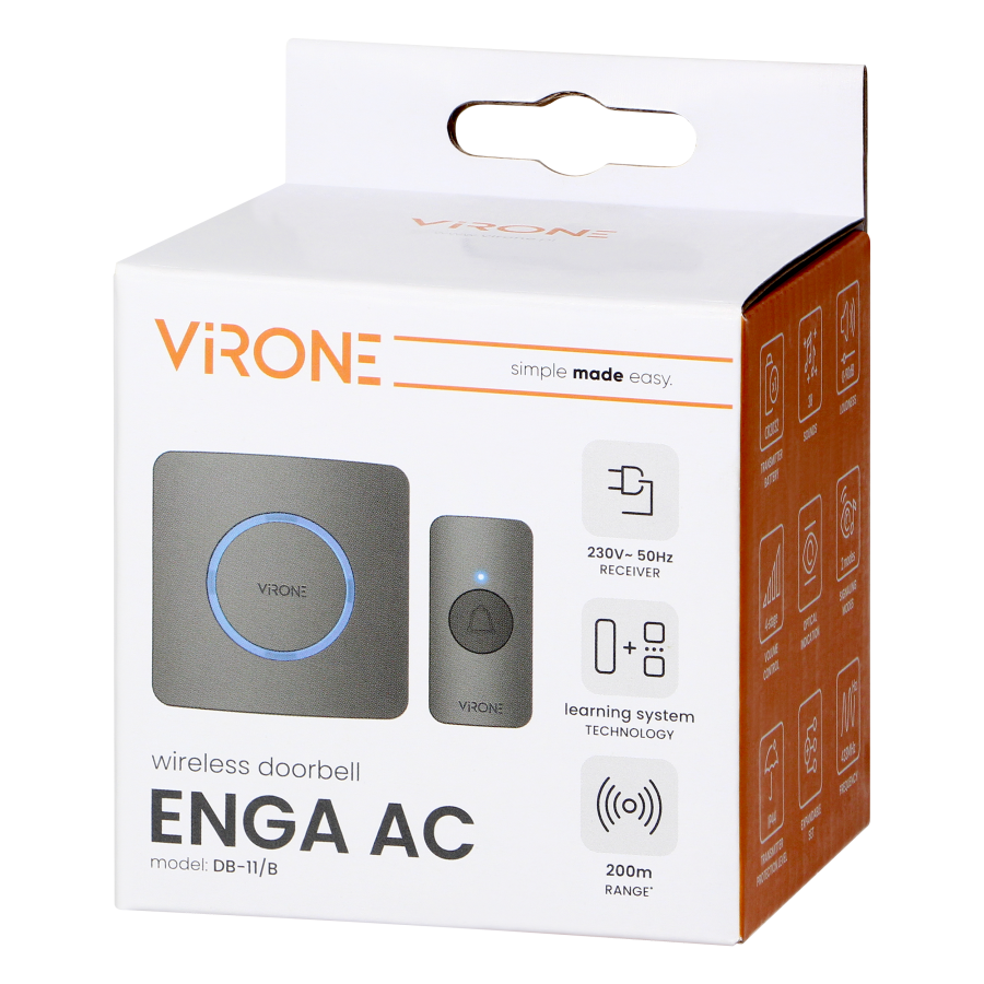 ENGA AC, wireless mains-powered doorbell, learning system, 38 sounds, 200m, black