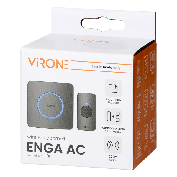 ENGA AC, wireless mains-powered doorbell, learning system, 38 sounds, 200m, black