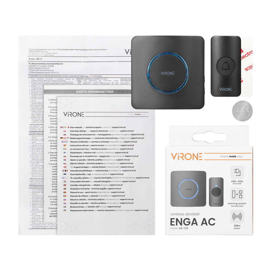 ENGA AC, wireless mains-powered doorbell, learning system, 38 sounds, 200m, black