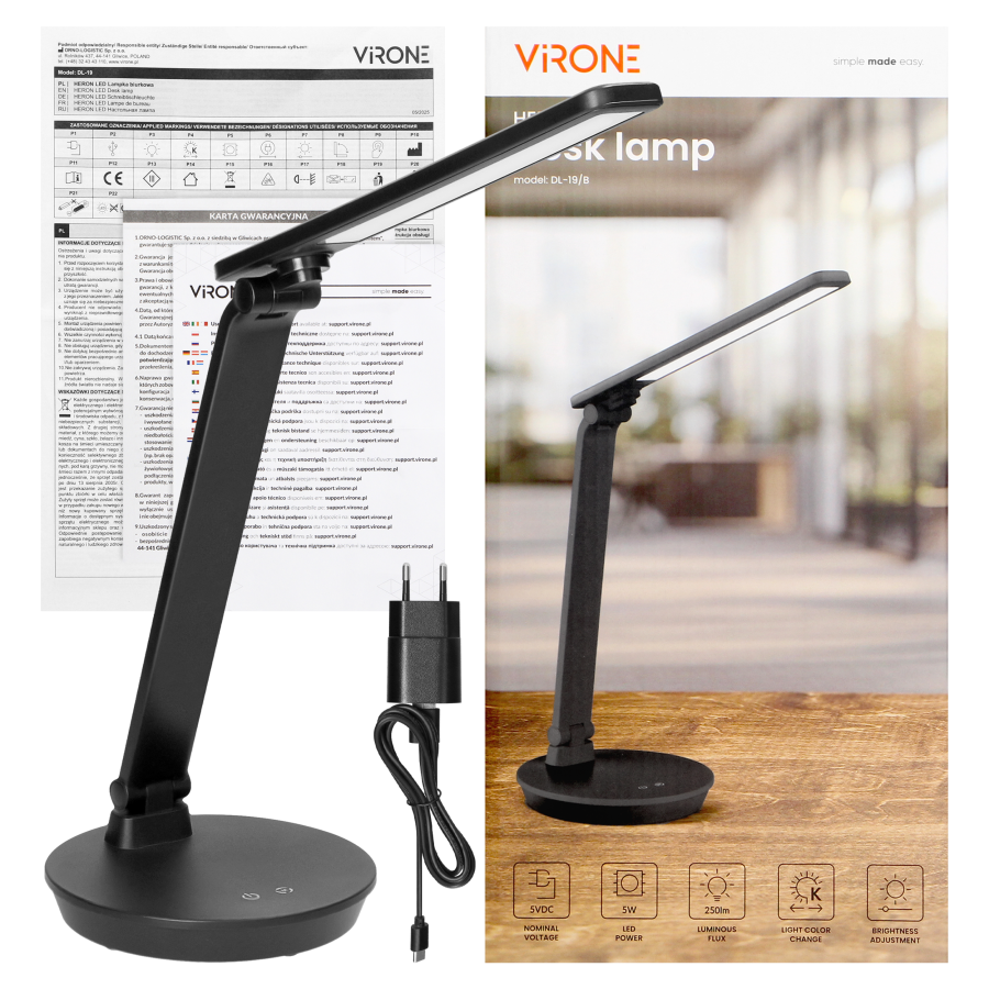 HERON LED, desk lamp, 5W, 250lm, 2700-6500K, light color changing, dimmable function, black