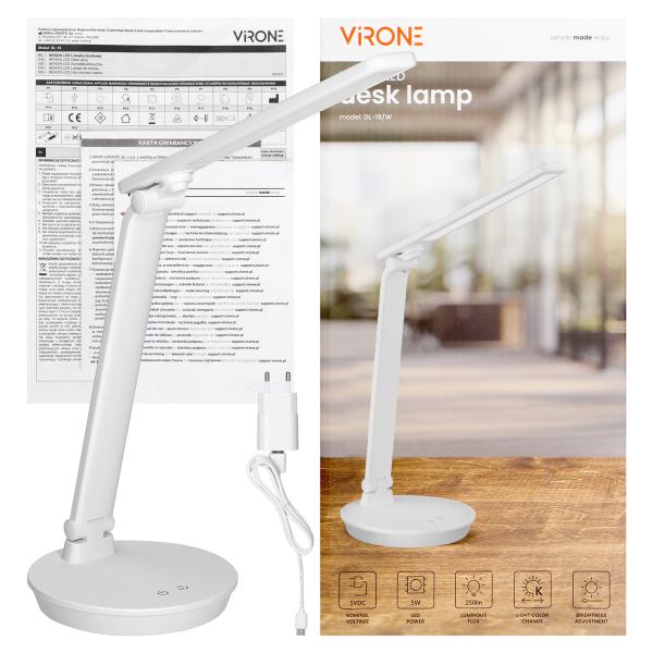 HERON LED, lampka biurkowa, 5W, 250lm, 2700-6500K, zmiana barwy światła, funkcja ściemniania, biała