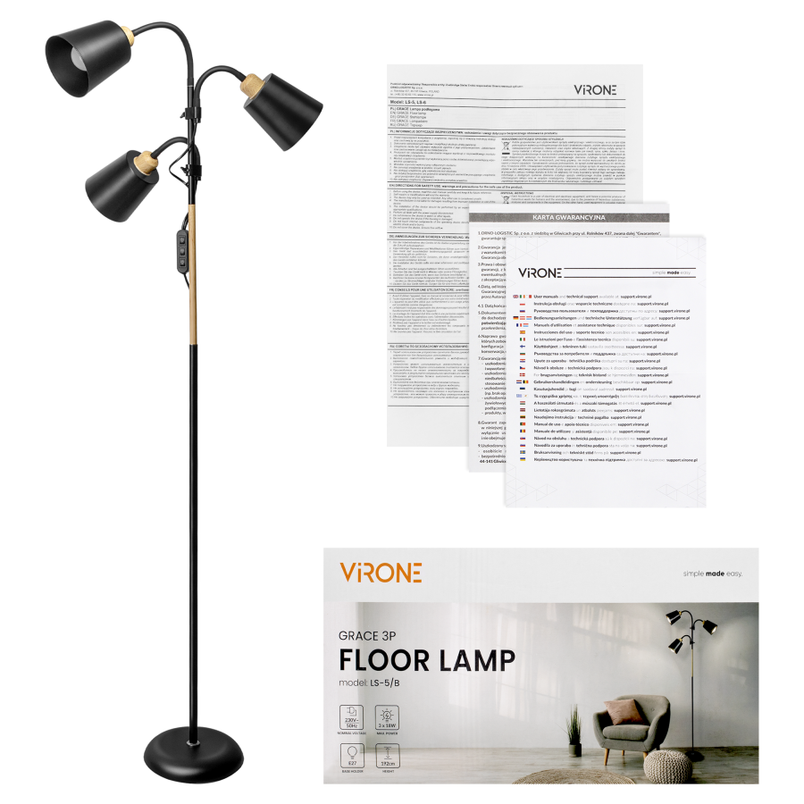 GRACE 3P, triple floor lamp, 3xE27, max. 3x18W, 192 cm, black