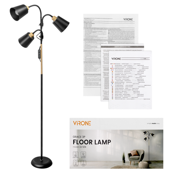 GRACE 3P, triple floor lamp, 3xE27, max. 3x18W, 192 cm, black