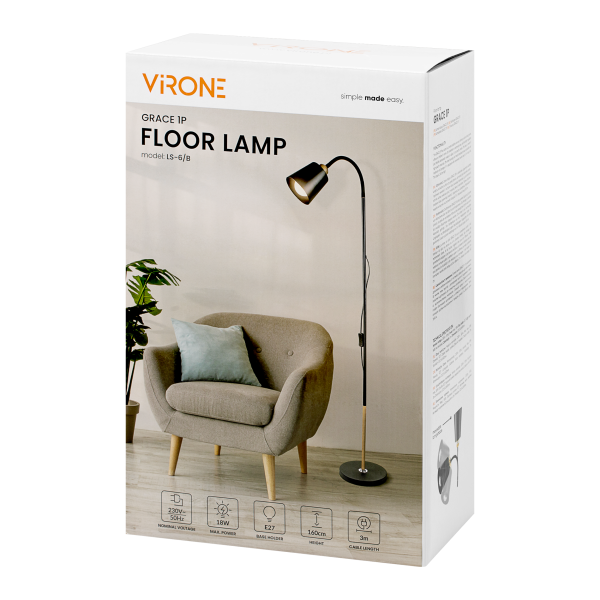 GRACE 1P, lampa podłogowa, E27, max. 18W, 160 cm, czarna