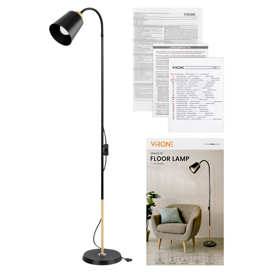 GRACE 1P, floor lamp, E27, max. 18W, 160 cm, black