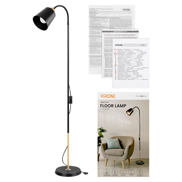 GRACE 1P, lampa podłogowa, E27, max. 18W, 160 cm, czarna