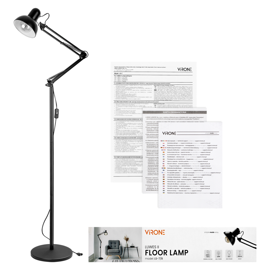 LUWES II, lampa podłogowa, E27, max. 18W, 182 cm, czarna