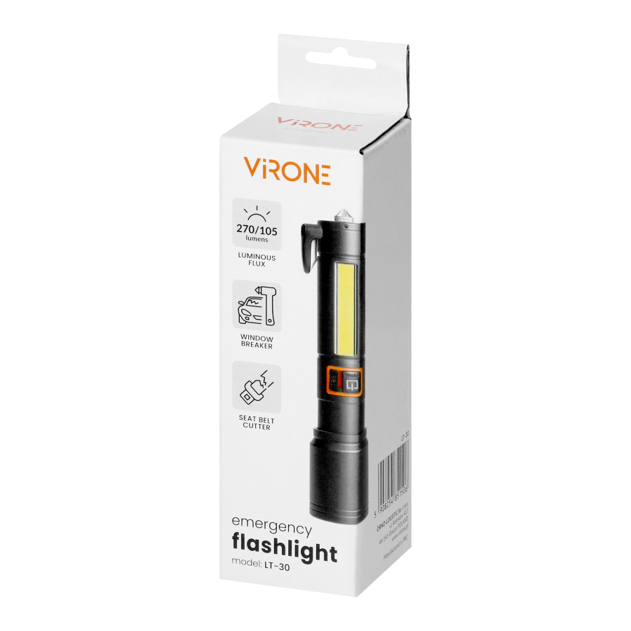 Latarka LED, 270/105lm, 1200mAh, przecinak do pasów, młotek bezpieczeństwa