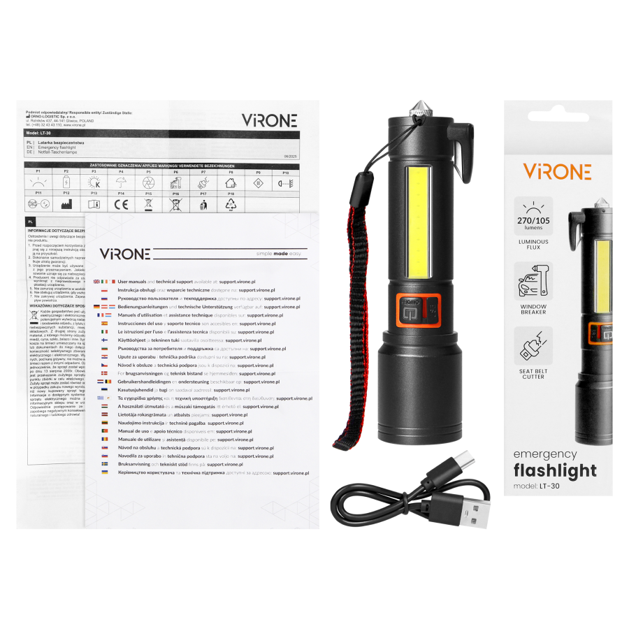 Latarka LED, 270/105lm, 1200mAh, przecinak do pasów, młotek bezpieczeństwa