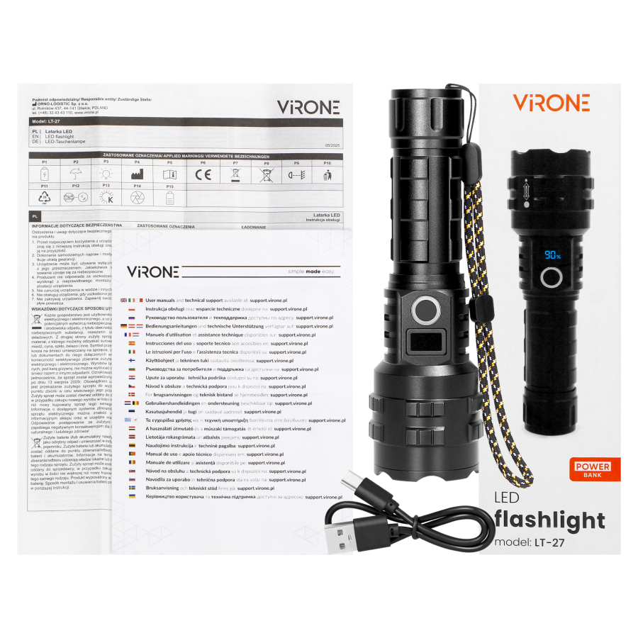 LED flashlight 15W, 1200lm, 3000mAh, zoom function, digital battery indicator