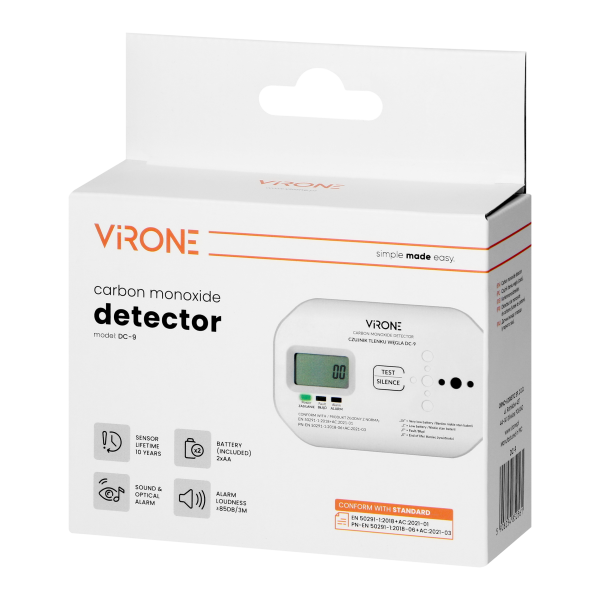 Battery-powered carbon monoxide detector, 2xAA, sensor lifetime 10 years