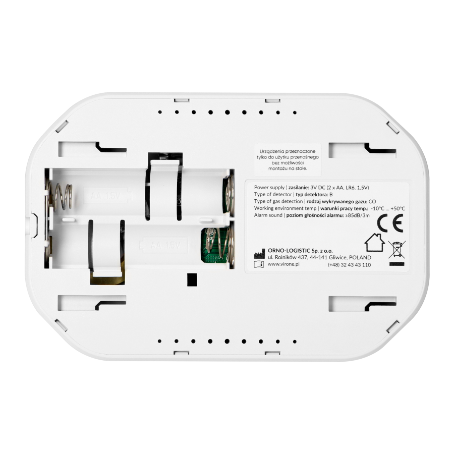 Battery-powered carbon monoxide detector, 2xAA, sensor lifetime 10 years