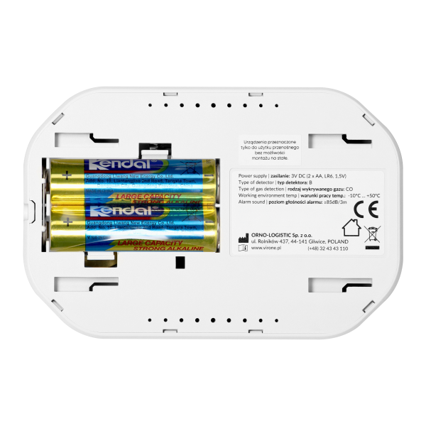 Battery-powered carbon monoxide detector, 2xAA, sensor lifetime 10 years