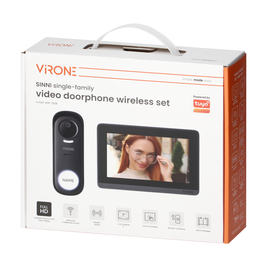 SINNI, zestaw wideodomofonowy jednorodzinny, bezprzewodowy, 420m, 7", Wi-Fi, ekran dotykowy, Full HD