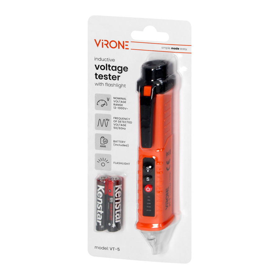Inductive voltage tester with flashlight, 12-1000V AC/DC, orange