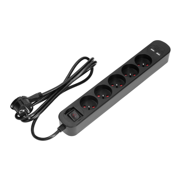  Listwa przeciwprzepięciowa, 5 gniazd 2P+Z (Schuko), kabel 3x1,5mm2, długość 1,5m, z wyłącznikiem podświetlanym...