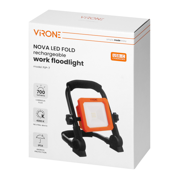 NOVA LED FOLD rechargeable work floodlight, 9 W, 700 lm, IP54, 4000 K, 1800 mAh, foldable