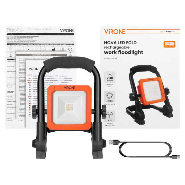 NOVA LED FOLD rechargeable work floodlight, 9 W, 700 lm, IP54, 4000 K, 1800 mAh, foldable