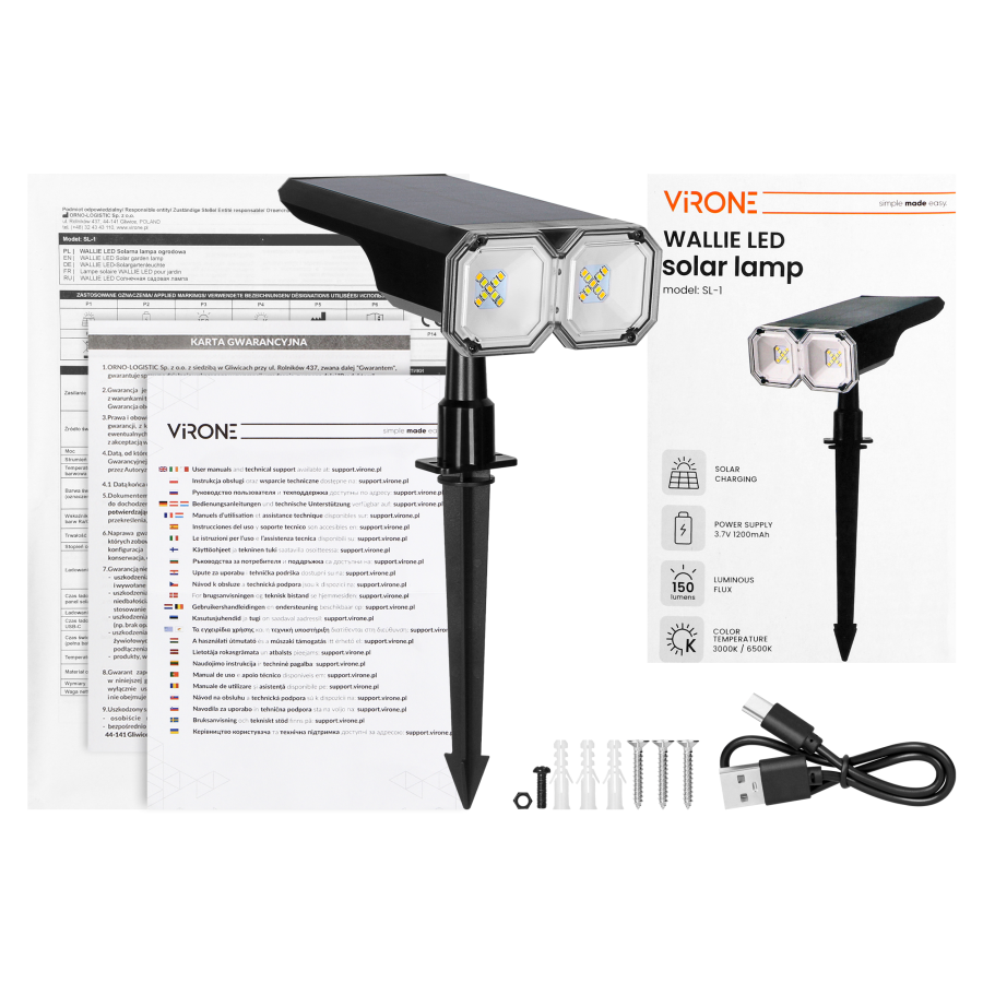 WALLIE LED Solar lamp 2-in-1 ,2 W, 150 lm, IP54, 3000/6500 K, 1200 mAh