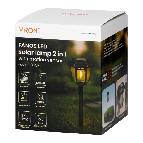FANOS LED Solar lamp 2-in-1 with motion sensor, 300 lm, IP44, 3000 K, 1200 mAh