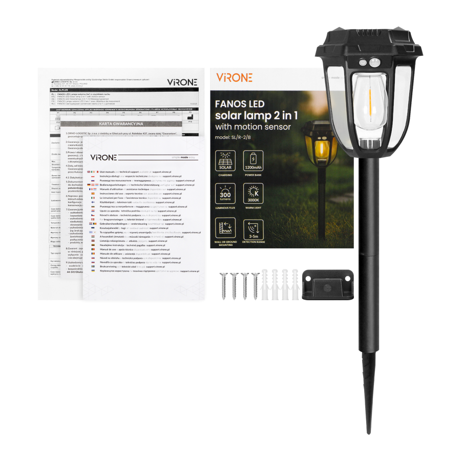 FANOS LED Solar lamp 2-in-1 with motion sensor, 300 lm, IP44, 3000 K, 1200 mAh