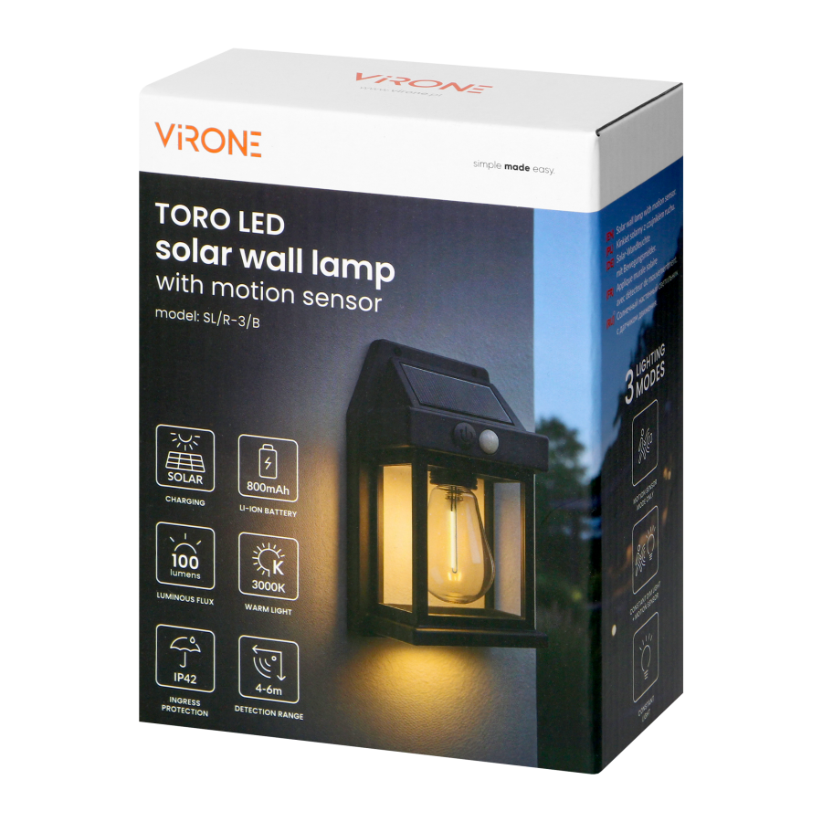 TORO LED Solar wall lamp with motion sensor, 100 lm, IP42, 3000 K, 800 mAh