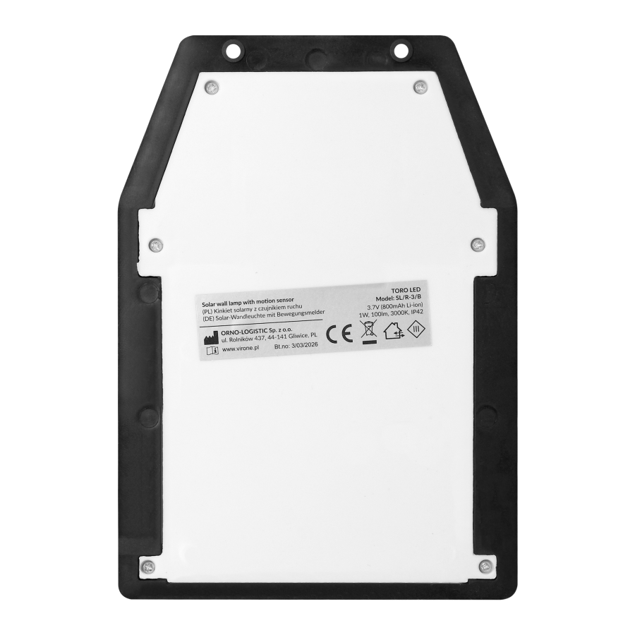 TORO LED Solar wall lamp with motion sensor, 100 lm, IP42, 3000 K, 800 mAh