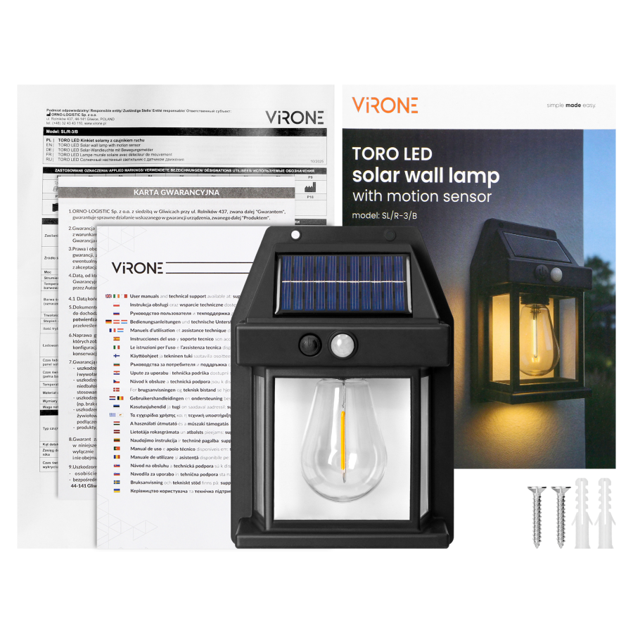 TORO LED Solar wall lamp with motion sensor, 100 lm, IP42, 3000 K, 800 mAh