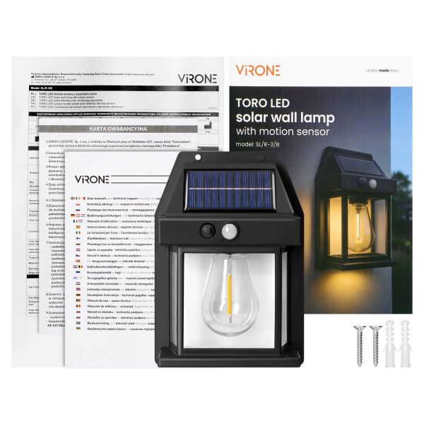 TORO LED Solar wall lamp with motion sensor, 100 lm, IP42, 3000 K, 800 mAh