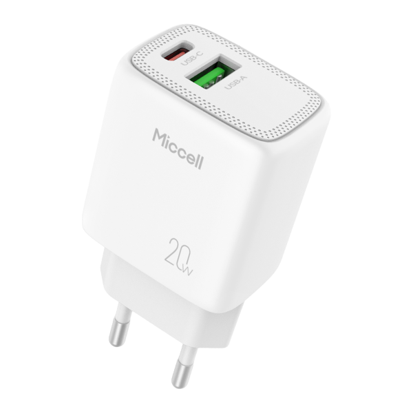 Ładowarka sieciowa Miccell VQ-T15, 20W, USB-A + USB-C, biała